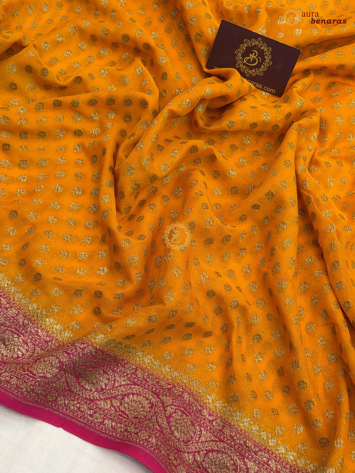 Orange Banarasi Georgette Saree Antique Zari Buti