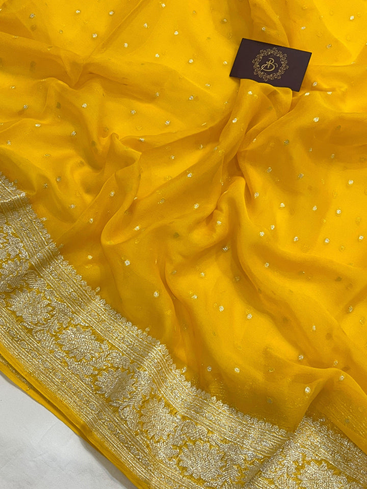 Yellow Khaddi Chiffon Banarasi Handloom Saree - Aura Benaras