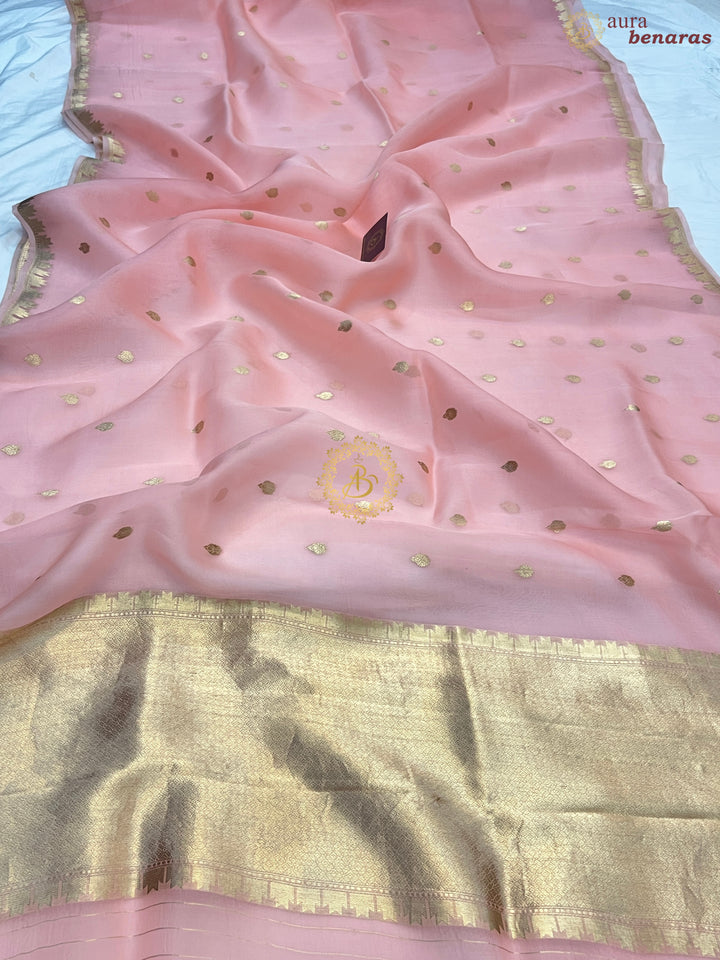Peach Pure Kora Silk Handloom Banarasi Saree