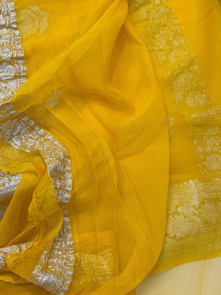 Yellow Khaddi Chiffon Banarasi Handloom Saree - Aura Benaras