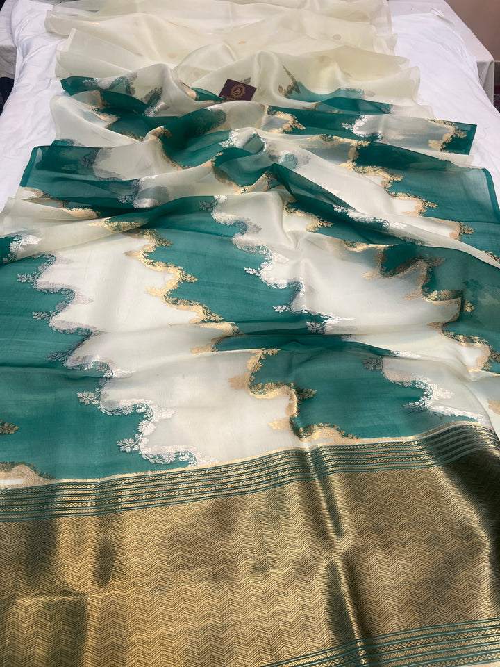 Off White Pure Kora Silk Handloom Banarasi Saree