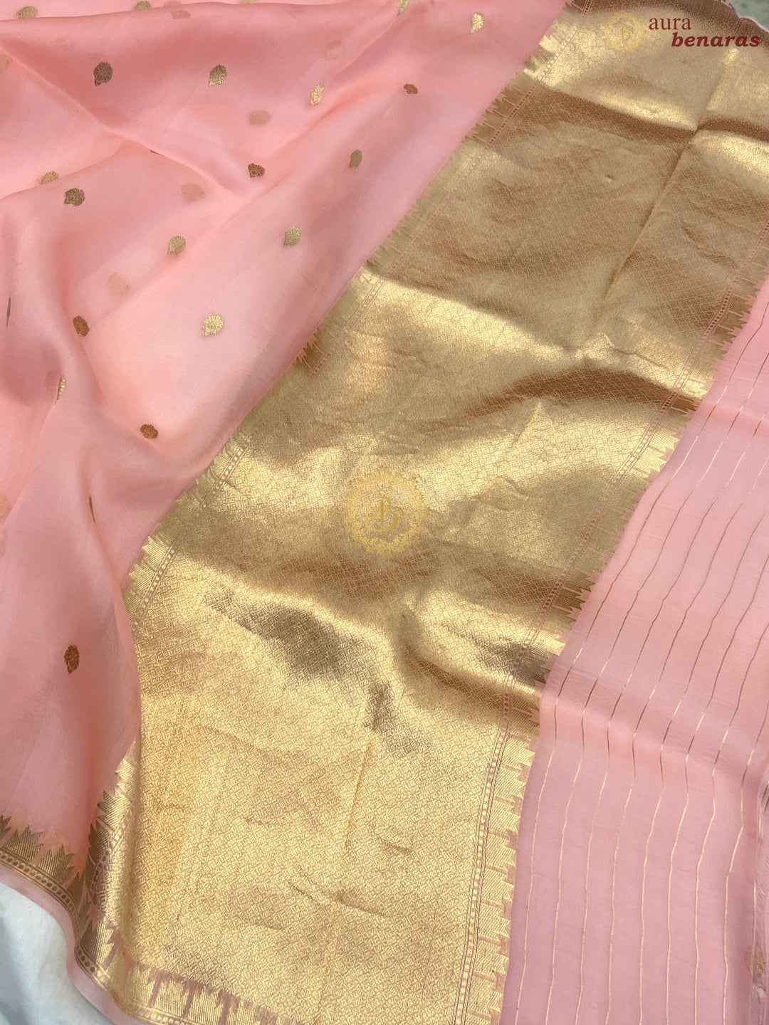 Peach Pure Kora Silk Handloom Banarasi Saree
