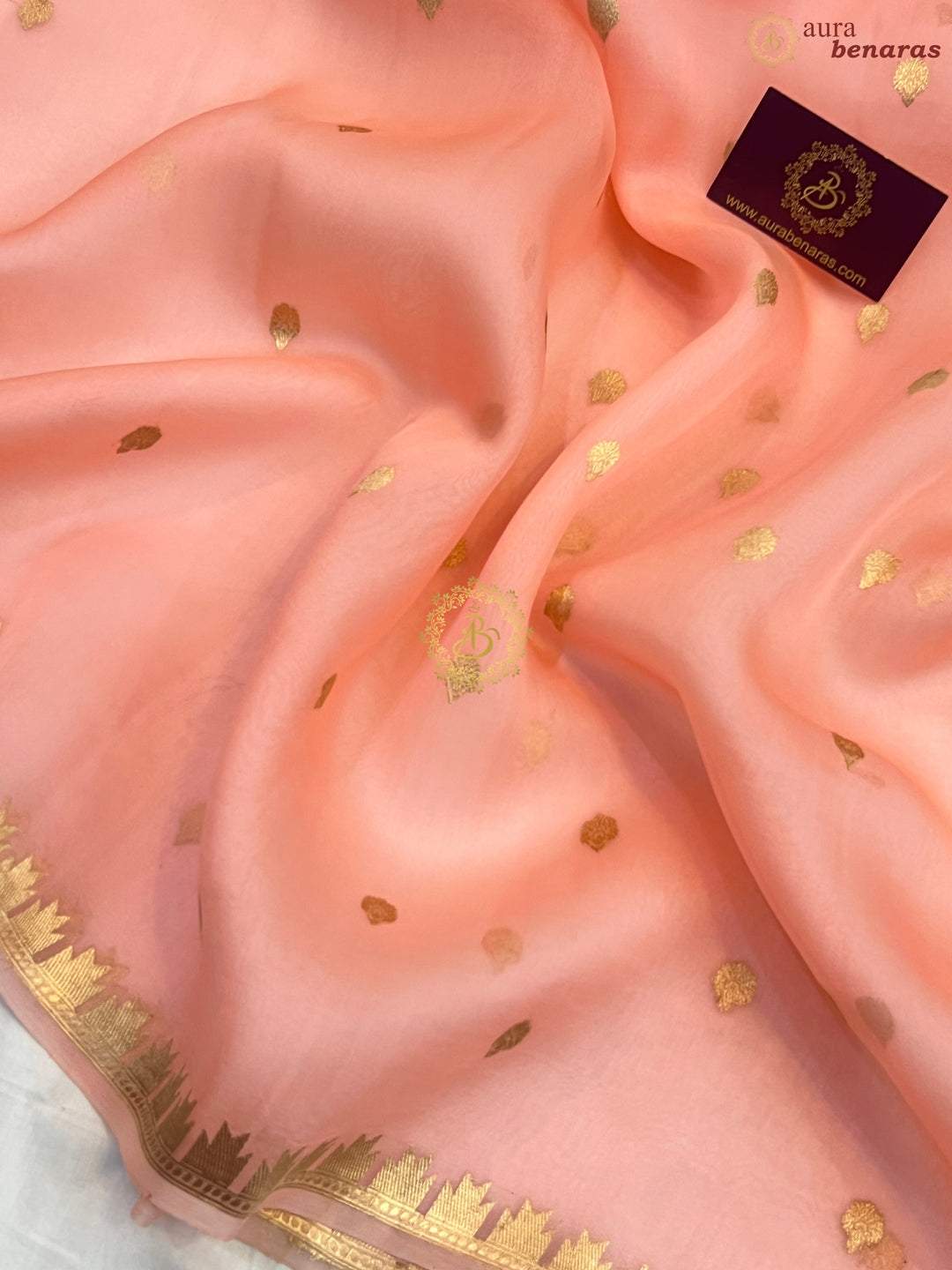 Peach Pure Kora Silk Handloom Banarasi Saree