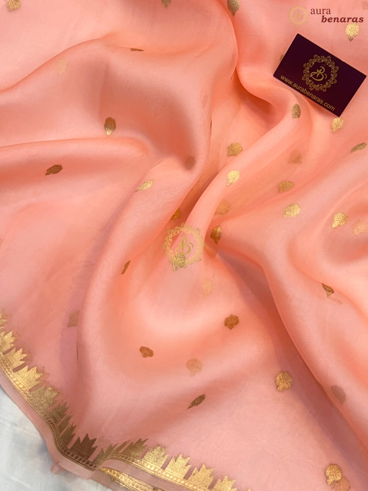 Peach Pure Kora Silk Handloom Banarasi Saree