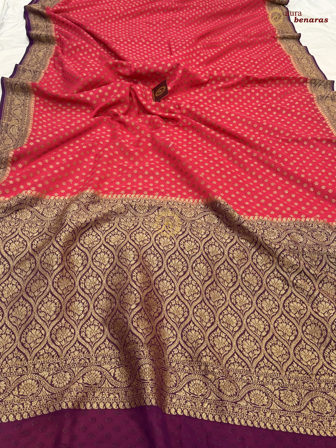 Cherry Red Banarasi Georgette Saree Antique Zari Buti