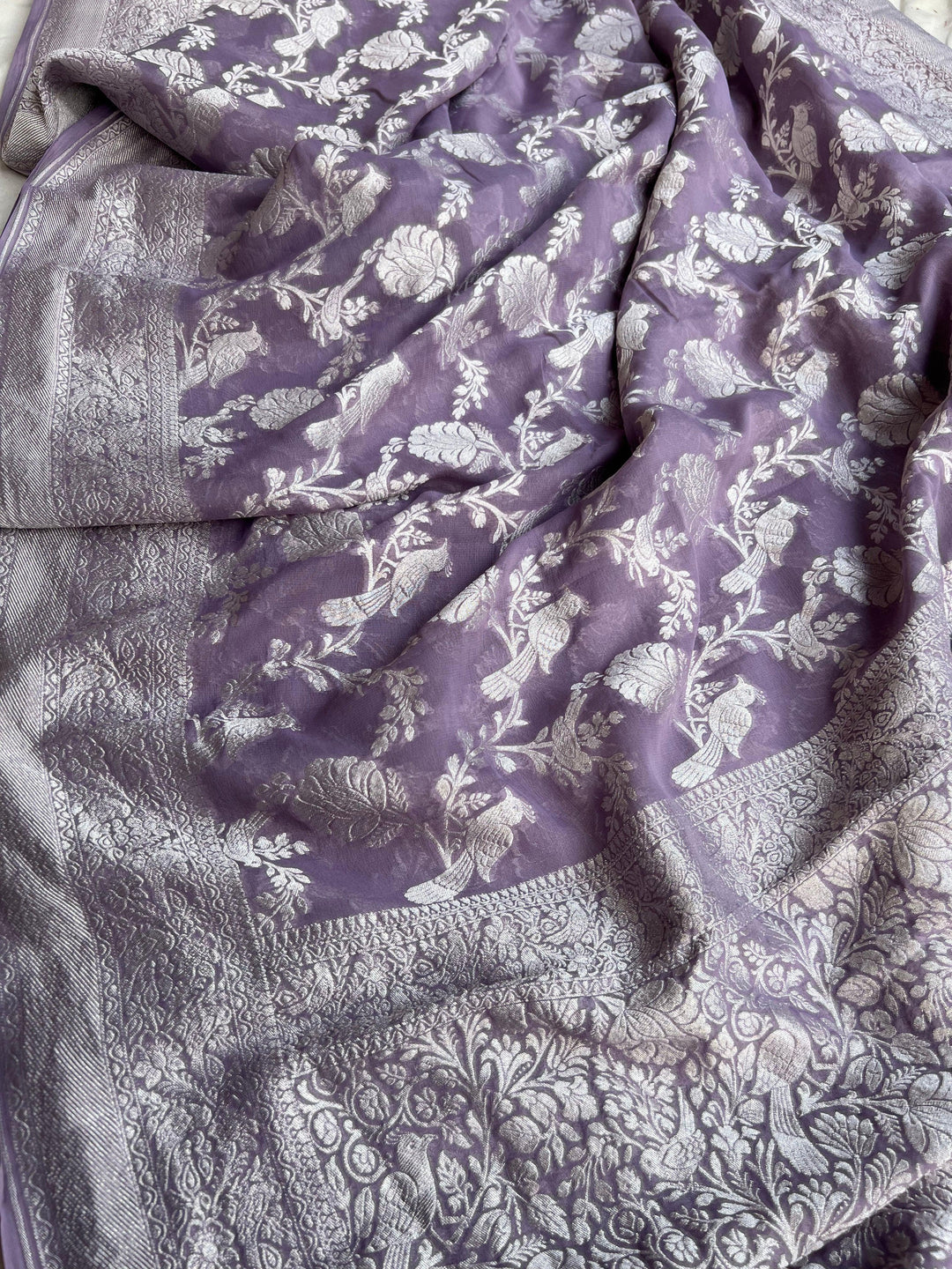 Dusty Grey Banarasi Handloom Pure Georgette Saree - Aura Benaras