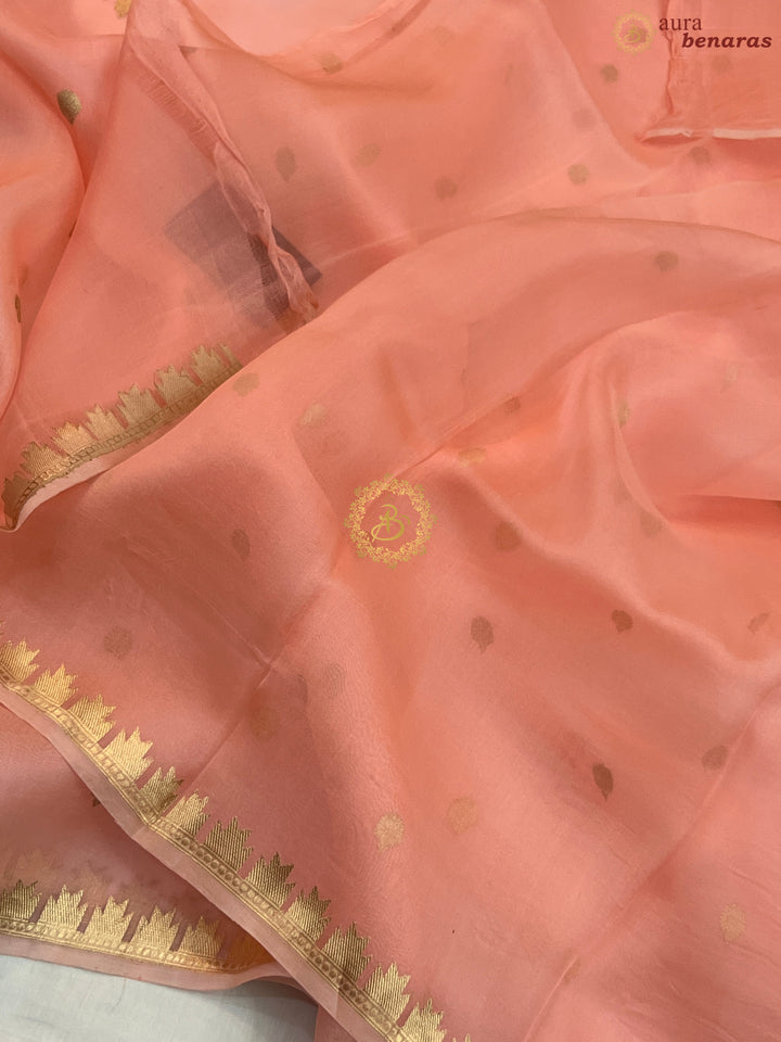 Peach Pure Kora Silk Handloom Banarasi Saree