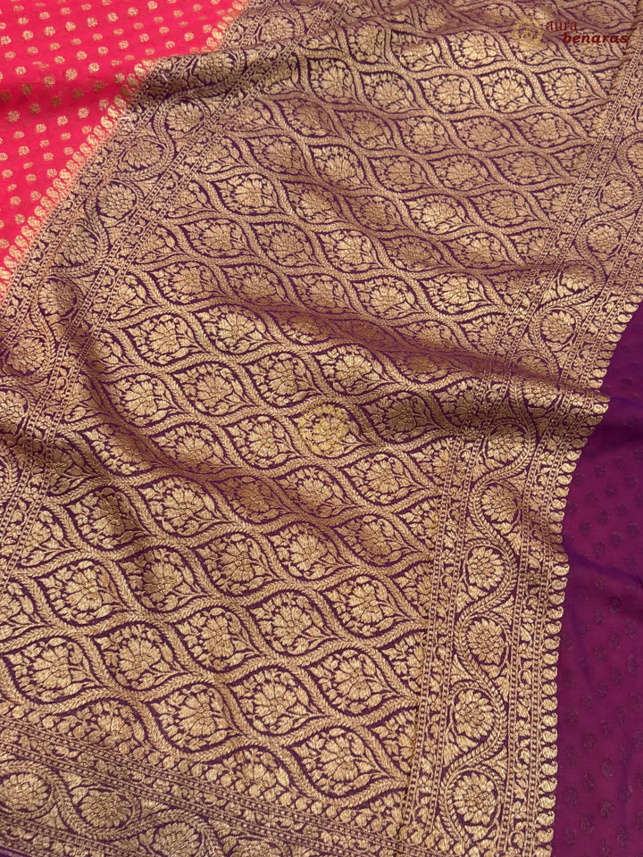 Cherry Red Banarasi Georgette Saree Antique Zari Buti
