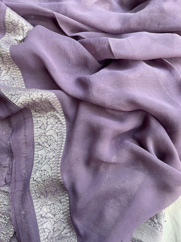Dusty Grey Banarasi Handloom Pure Georgette Saree - Aura Benaras