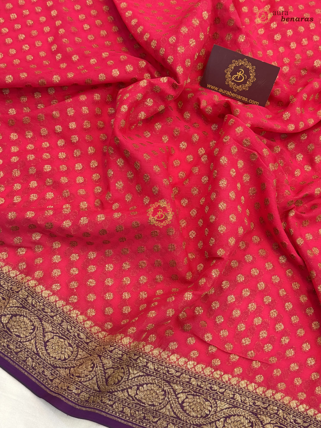 Cherry Red Banarasi Georgette Saree Antique Zari Buti