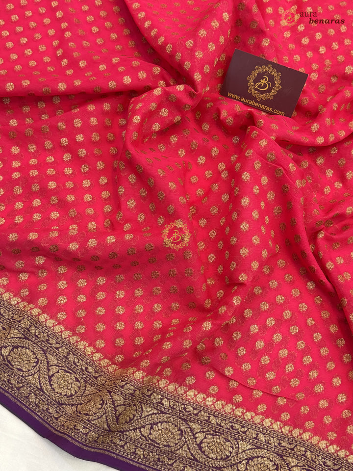 Cherry Red Banarasi Georgette Saree Antique Zari Buti