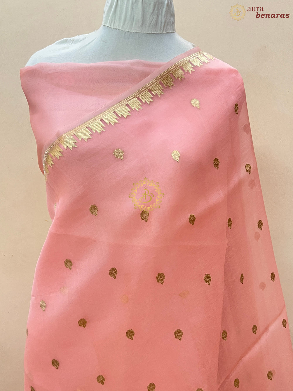Peach Pure Kora Silk Handloom Banarasi Saree