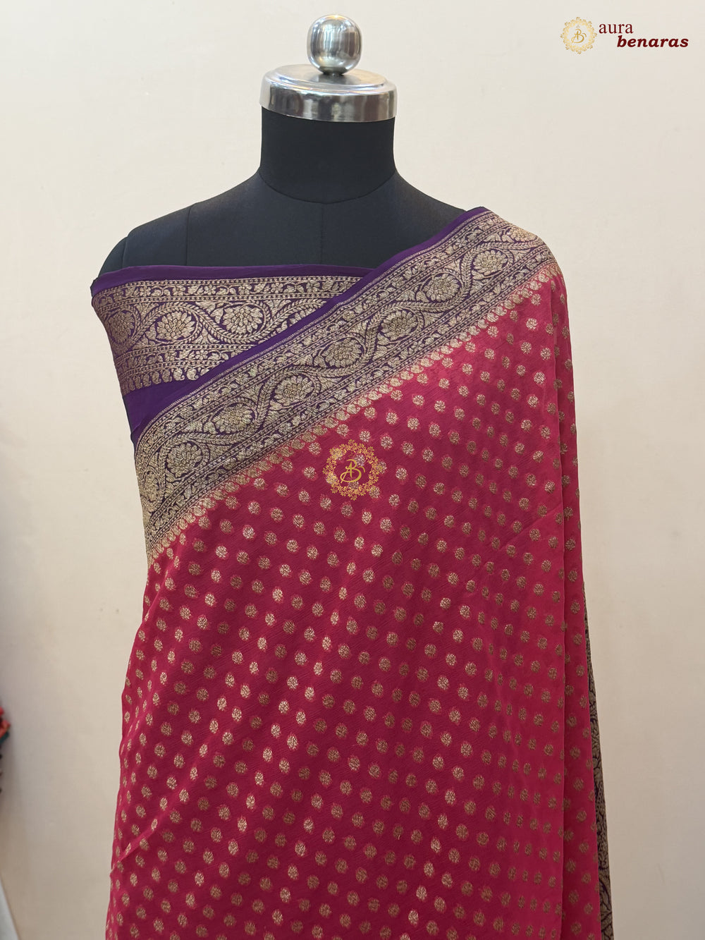 Cherry Red Banarasi Georgette Saree Antique Zari Buti