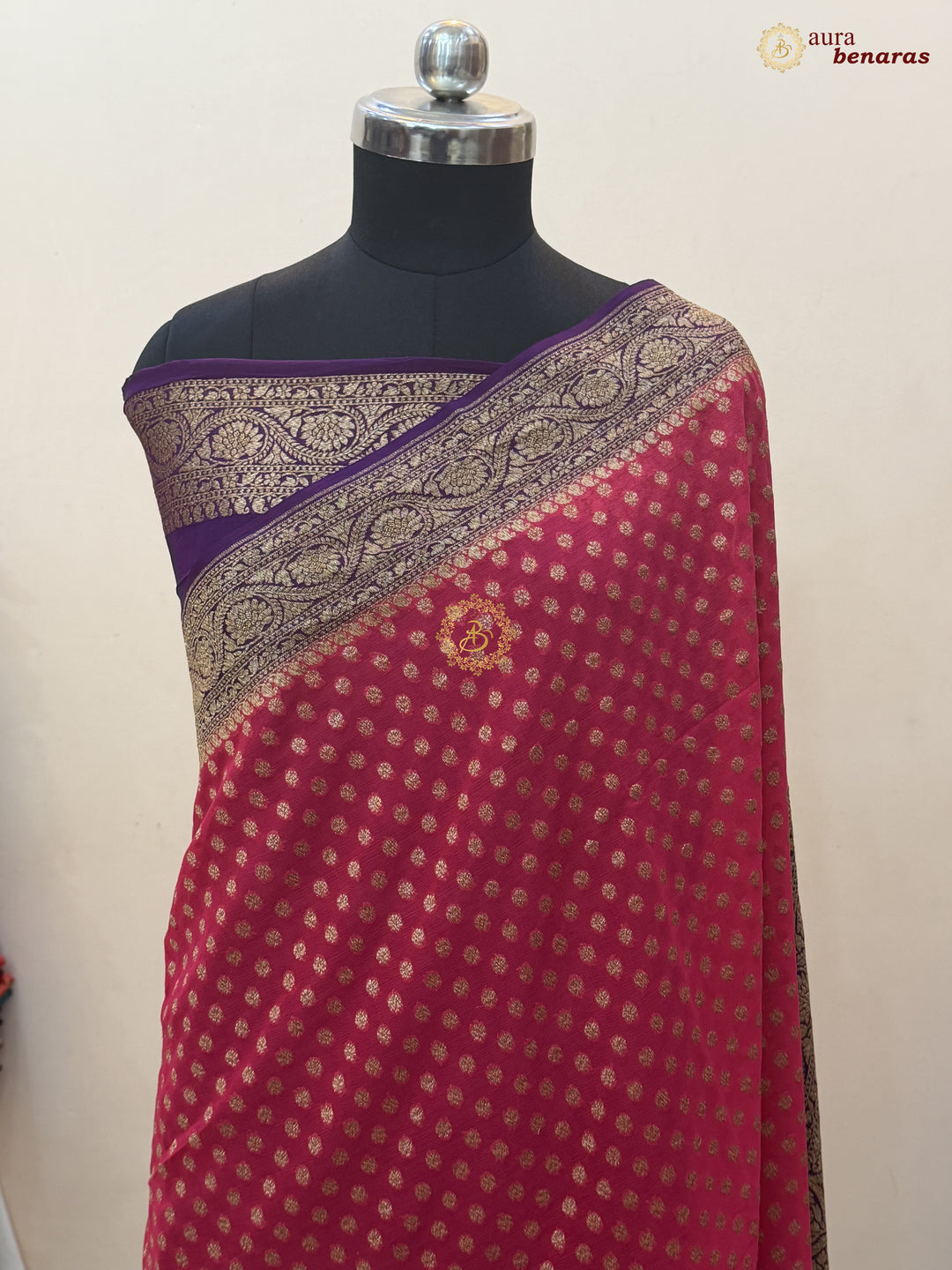 Cherry Red Banarasi Georgette Saree Antique Zari Buti