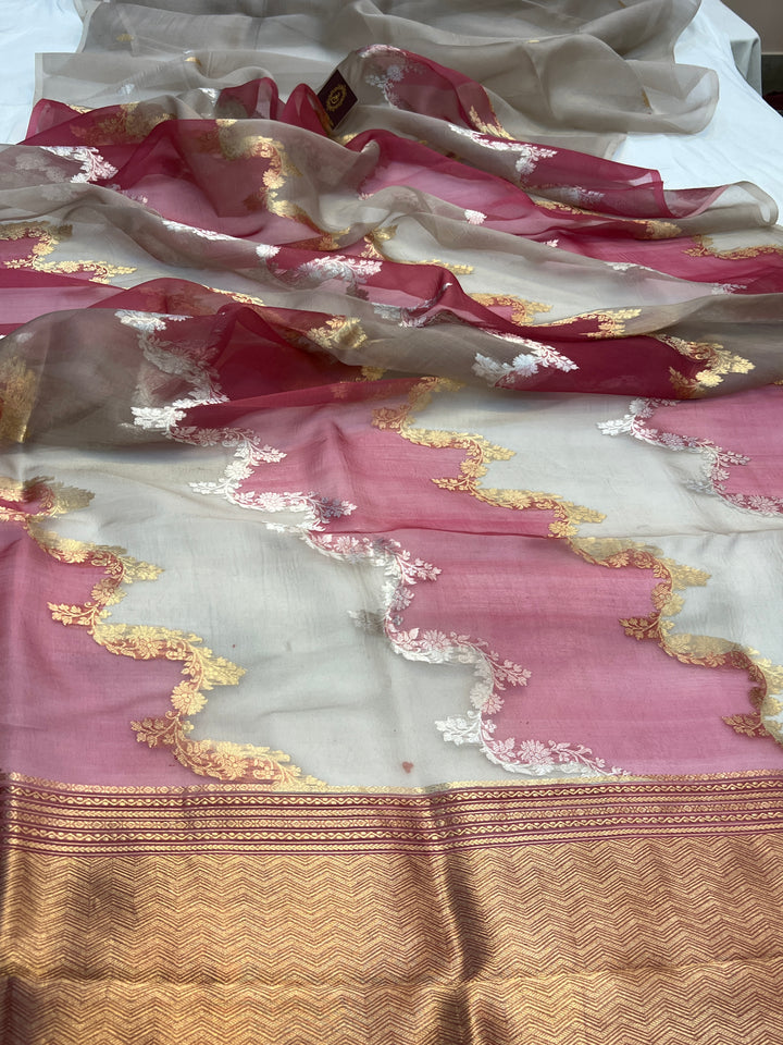 Smoke Grey Pure Kora Silk Handloom Banarasi Saree
