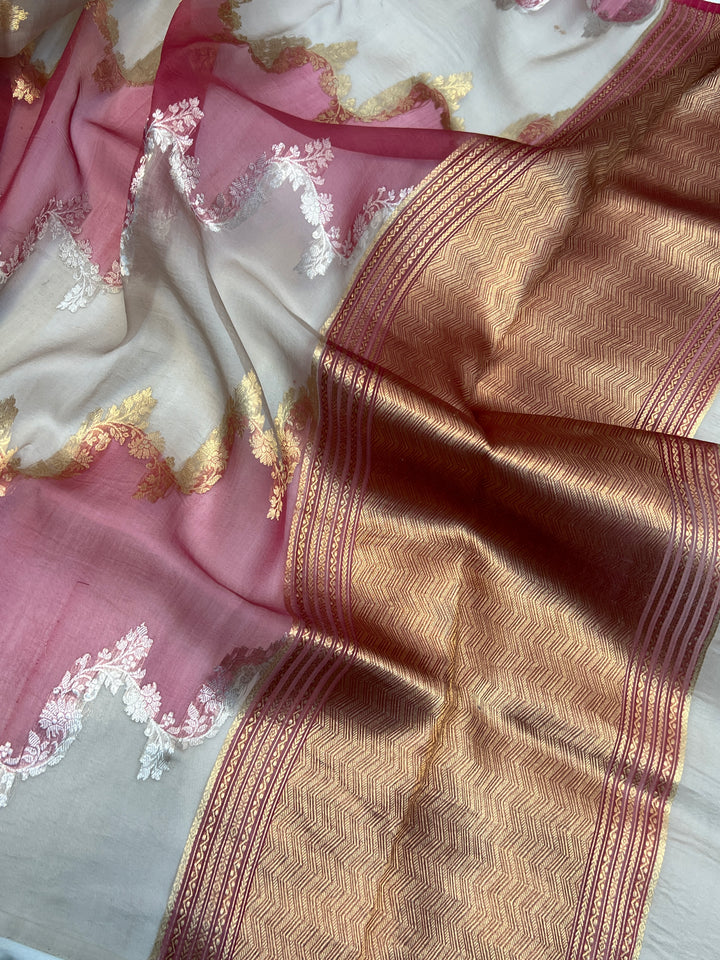 Smoke Grey Pure Kora Silk Handloom Banarasi Saree