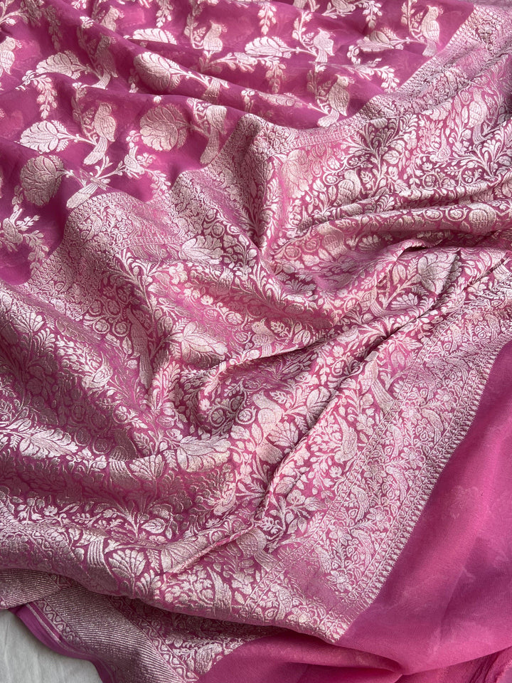 Onion Pink Banarasi Handloom Pure Georgette Saree - Aura Benaras