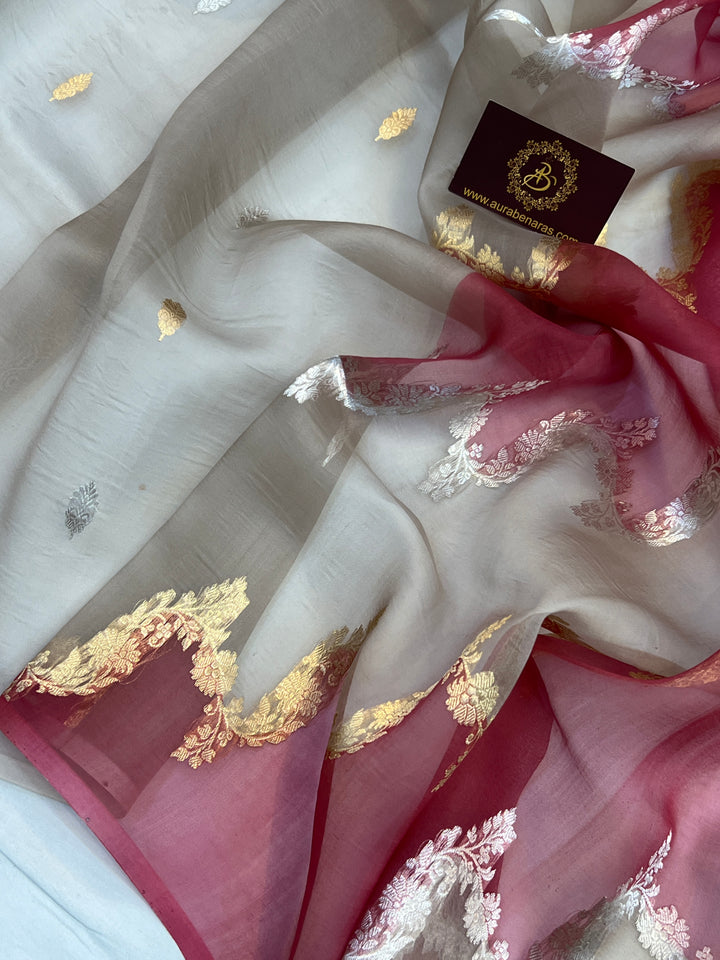 Smoke Grey Pure Kora Silk Handloom Banarasi Saree