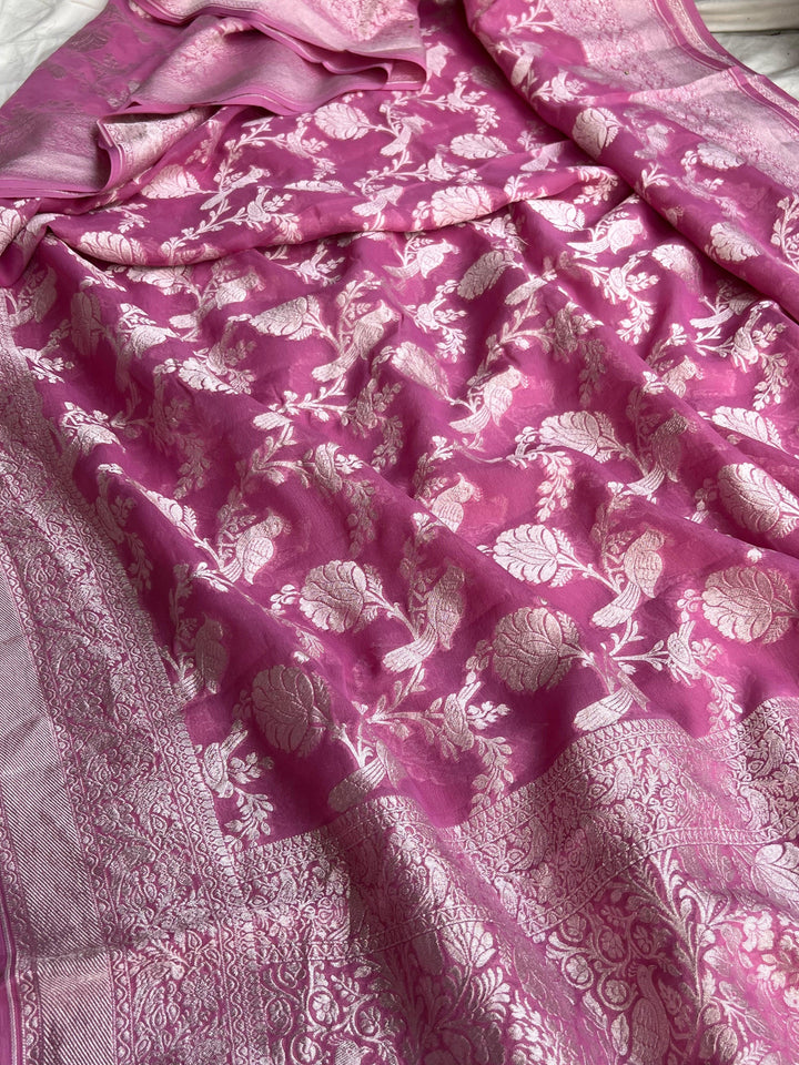 Onion Pink Banarasi Handloom Pure Georgette Saree - Aura Benaras