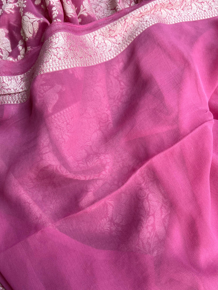 Onion Pink Banarasi Handloom Pure Georgette Saree - Aura Benaras
