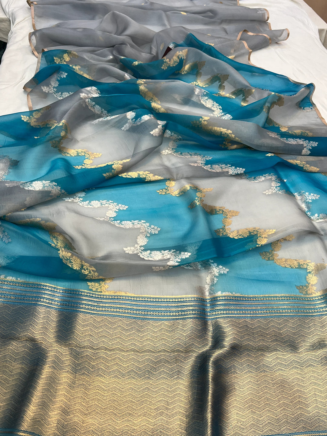 Grey Pure Kora Silk Handloom Banarasi Saree
