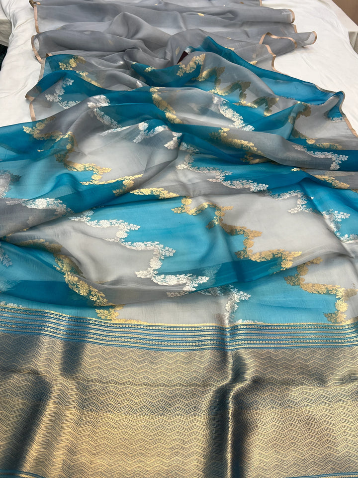 Grey Pure Kora Silk Handloom Banarasi Saree
