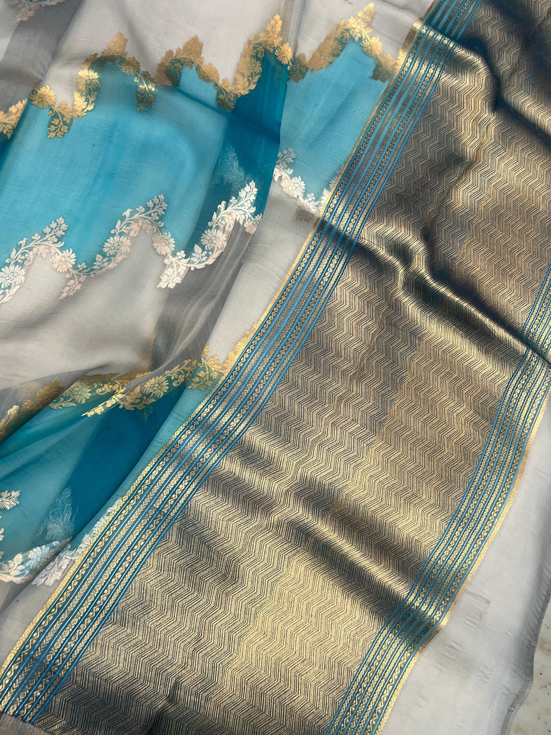 Grey Pure Kora Silk Handloom Banarasi Saree