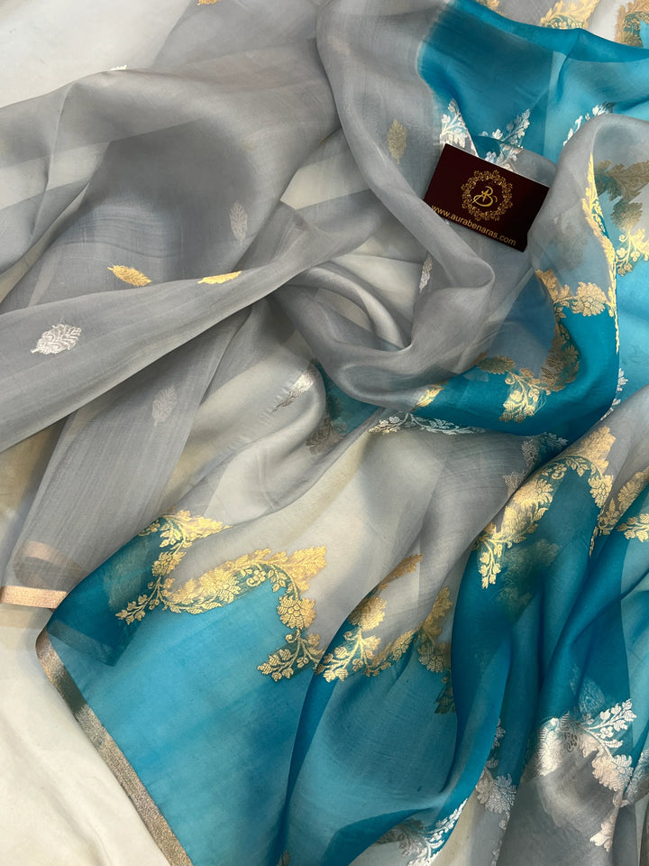 Grey Pure Kora Silk Handloom Banarasi Saree