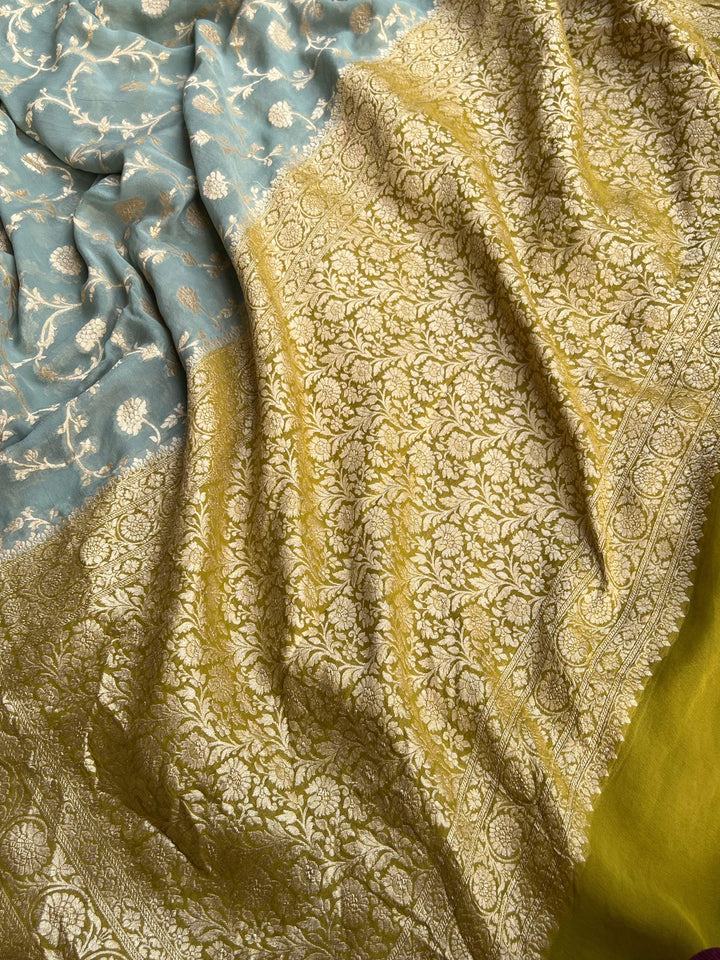 Dusty Green Banarasi Handloom Pure Khaddi Georgette Saree - Aura Benaras