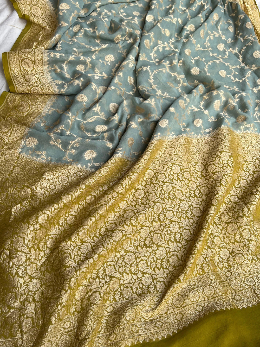 Dusty Green Banarasi Handloom Pure Khaddi Georgette Saree - Aura Benaras