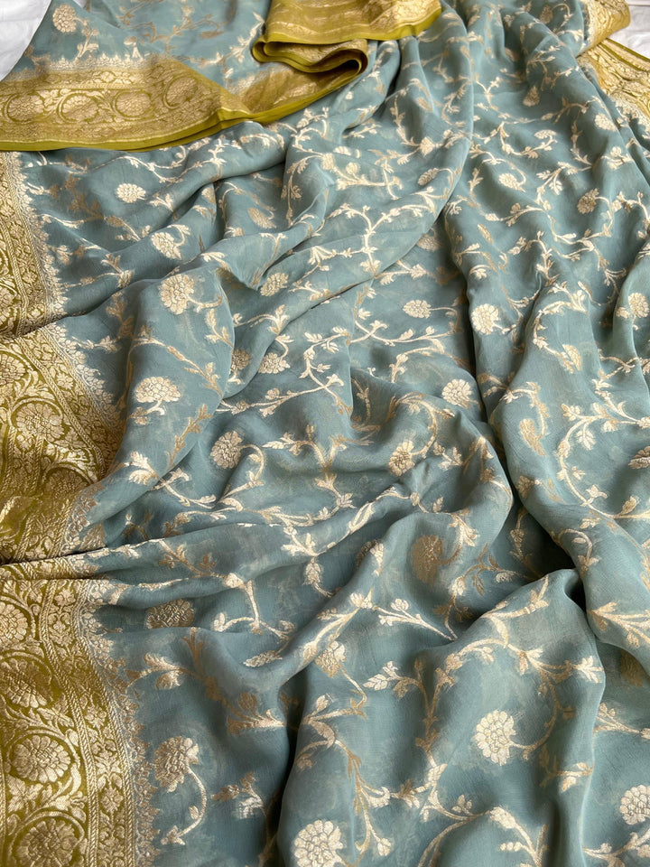 Dusty Green Banarasi Handloom Pure Khaddi Georgette Saree - Aura Benaras