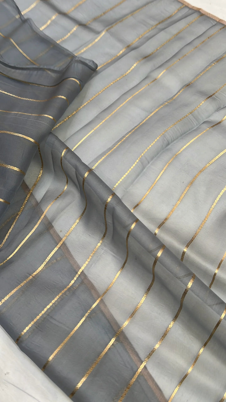 Grey Pure Kora Silk Handloom Banarasi Saree