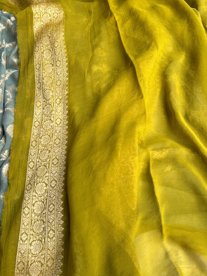Dusty Green Banarasi Handloom Pure Khaddi Georgette Saree - Aura Benaras