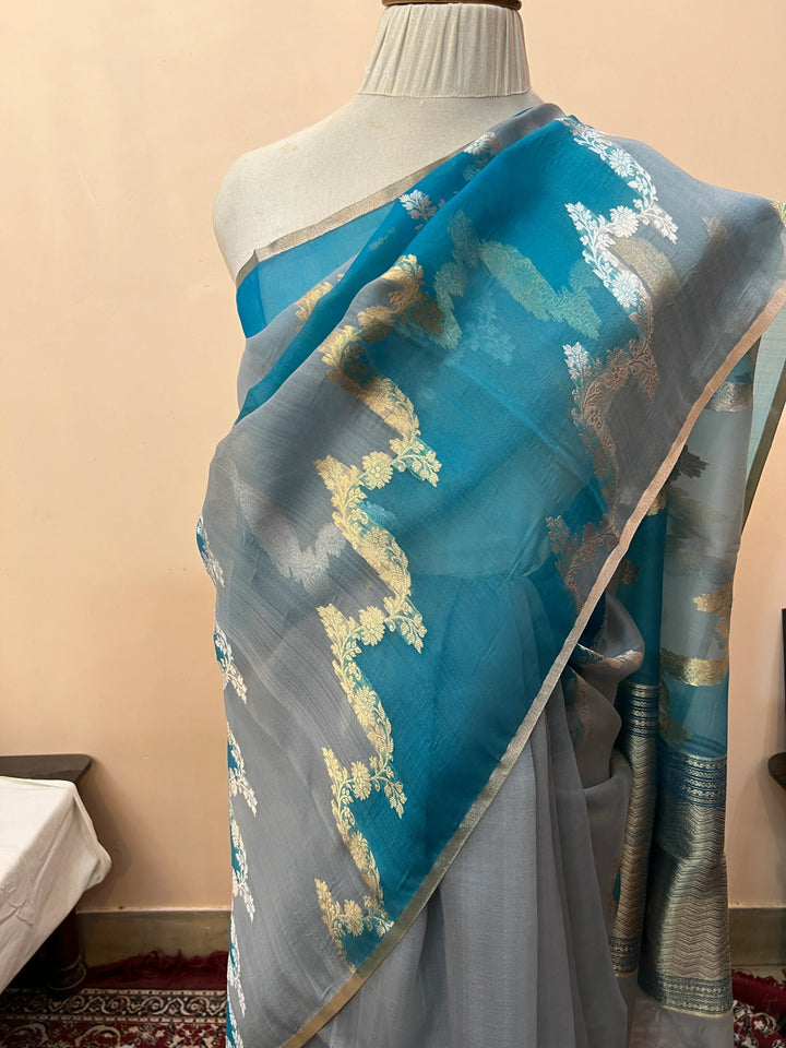 Grey Pure Kora Silk Handloom Banarasi Saree