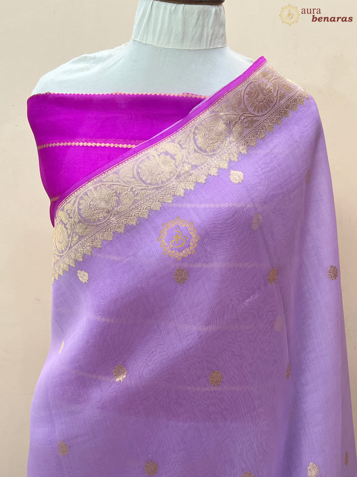 Lilac Banarasi Handloom Kora Silk Saree