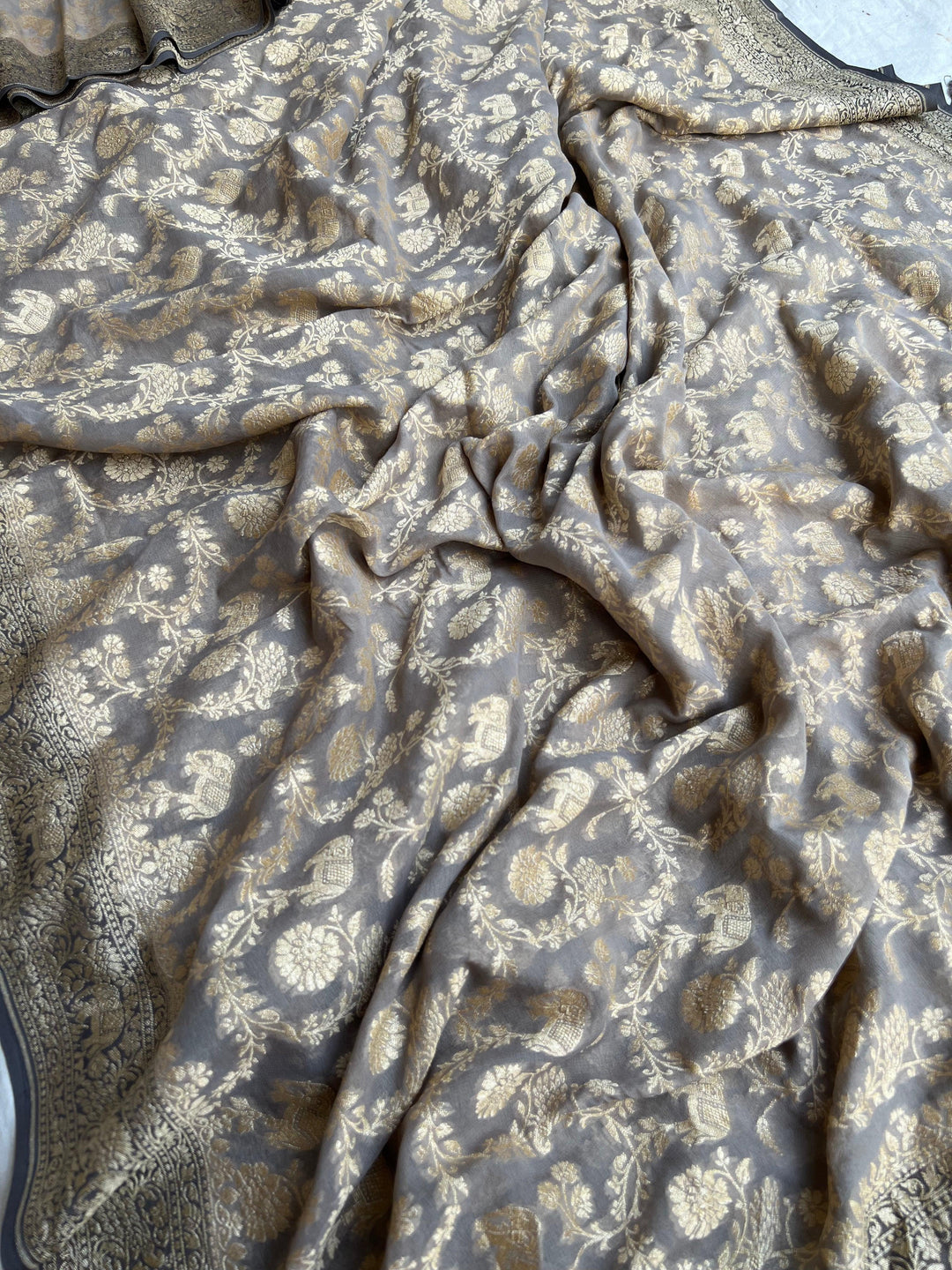 Dusty Grey Banarasi Handloom Pure Khaddi Georgette Saree - Aura Benaras