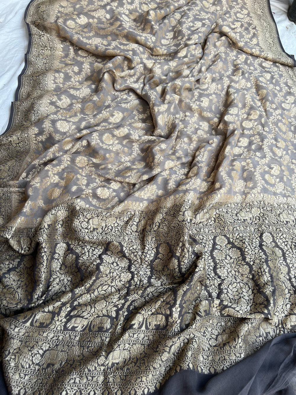 Dusty Grey Banarasi Handloom Pure Khaddi Georgette Saree - Aura Benaras