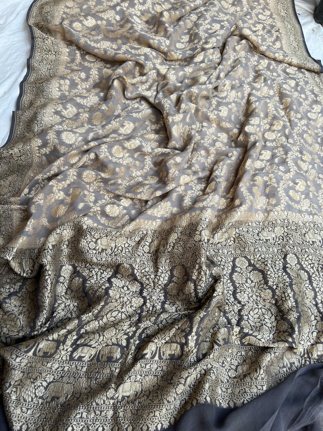 Dusty Grey Banarasi Handloom Pure Khaddi Georgette Saree - Aura Benaras