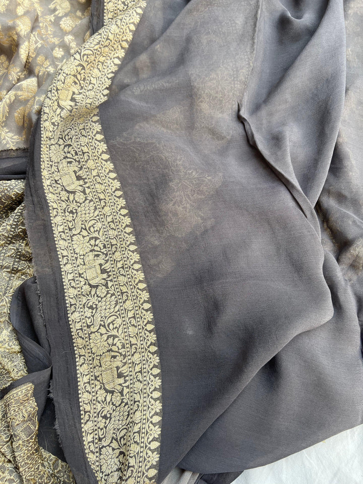 Dusty Grey Banarasi Handloom Pure Khaddi Georgette Saree - Aura Benaras