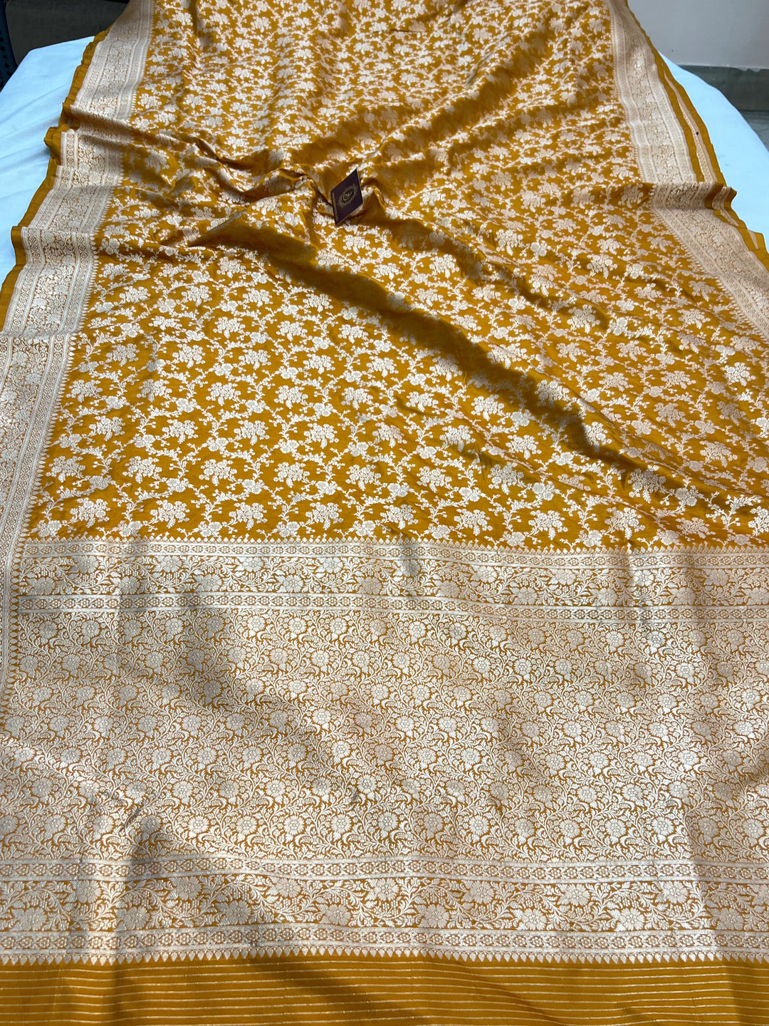 Orange Pure Katan Silk Handloom Saree with Golden Floral Jaal