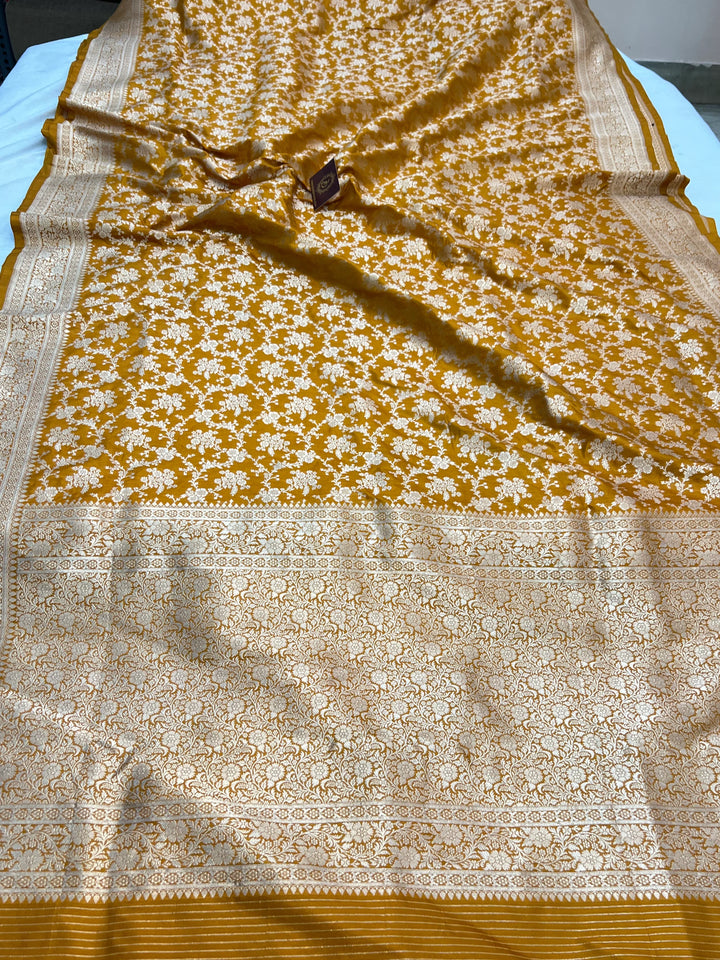 Orange Pure Katan Silk Handloom Saree with Golden Floral Jaal