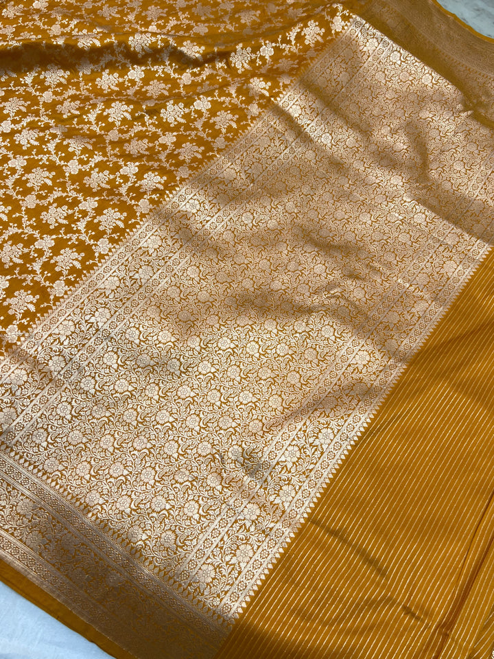 Orange Pure Katan Silk Handloom Saree with Golden Floral Jaal