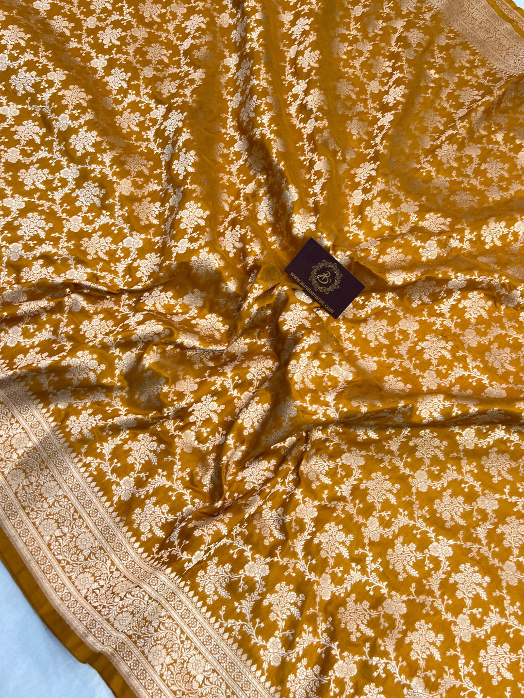 Orange Pure Katan Silk Handloom Saree with Golden Floral Jaal