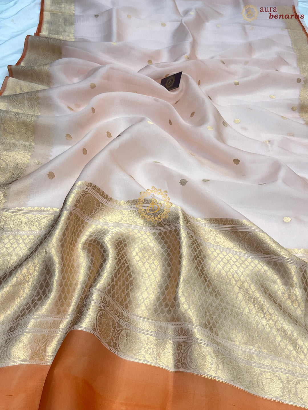 Pastel Peach Banarasi Handloom Kora Silk Saree