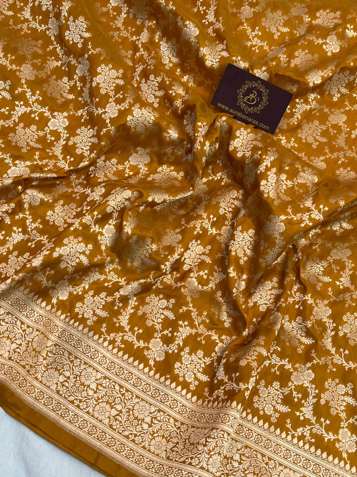 Orange Pure Katan Silk Handloom Saree with Golden Floral Jaal