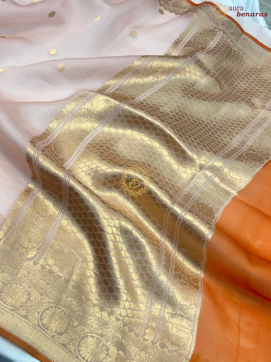 Pastel Peach Banarasi Handloom Kora Silk Saree