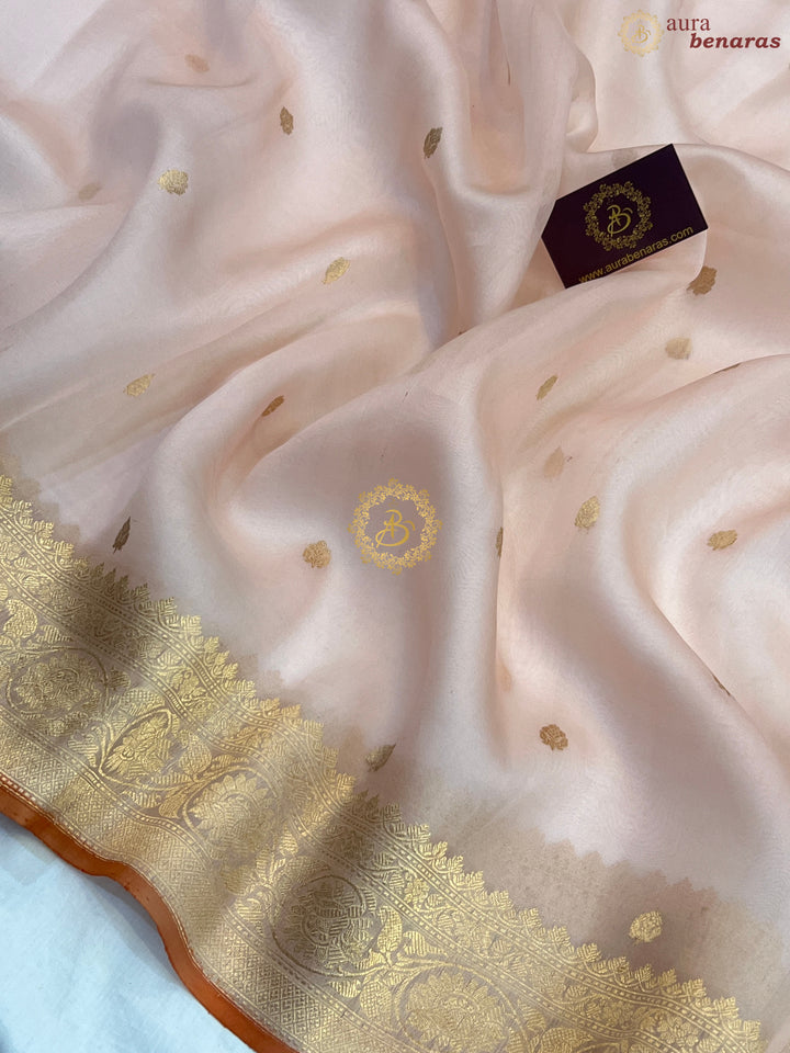 Pastel Peach Banarasi Handloom Kora Silk Saree