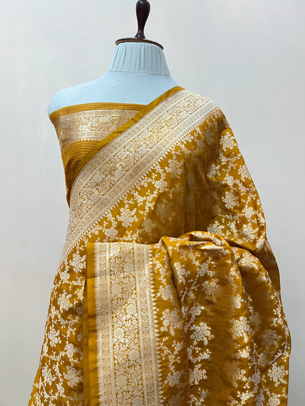 Orange Pure Katan Silk Handloom Saree with Golden Floral Jaal