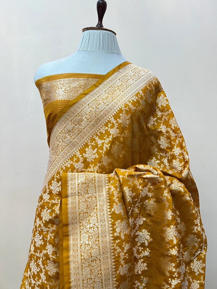 Orange Pure Katan Silk Handloom Saree with Golden Floral Jaal