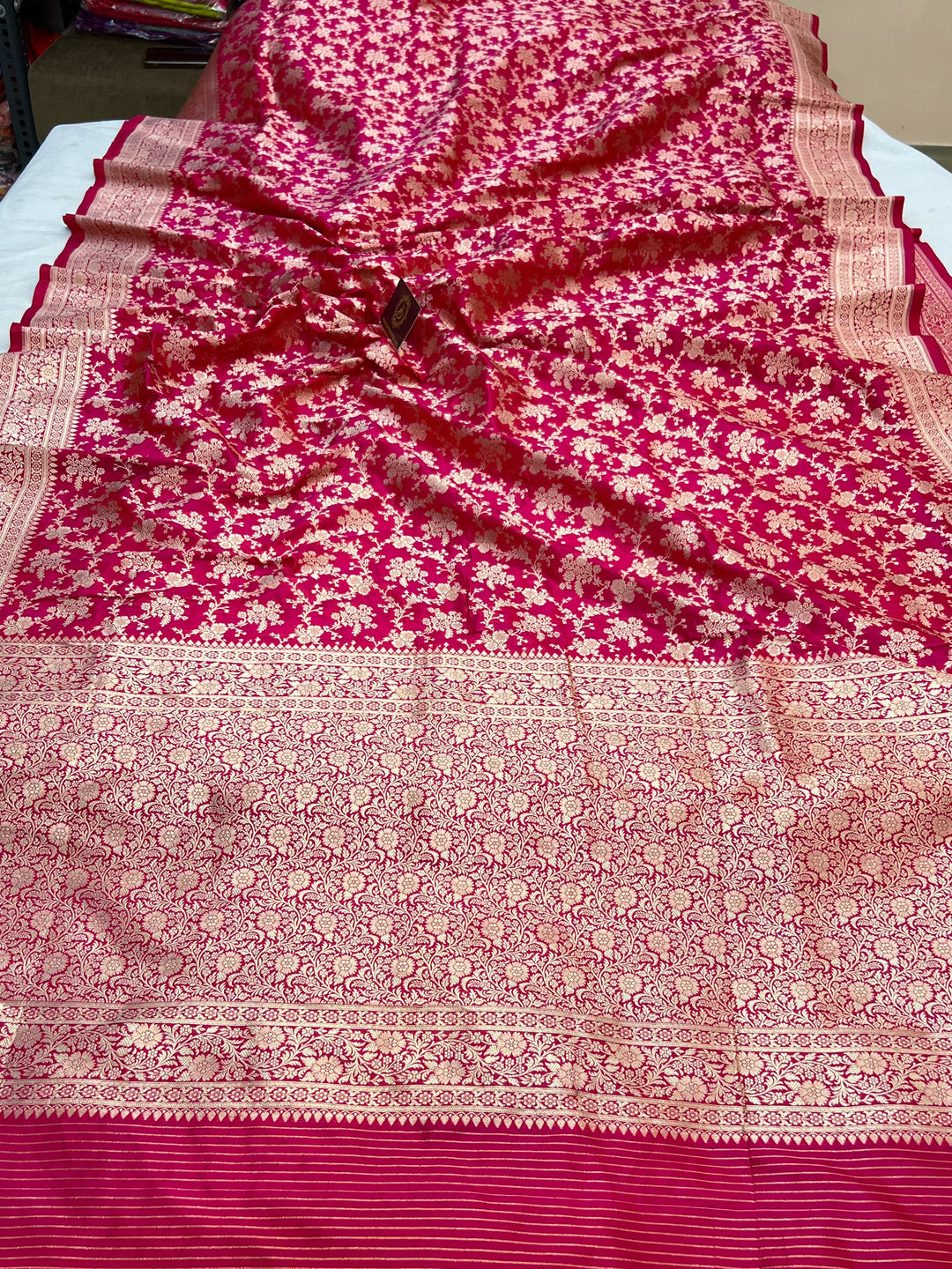 Hot Pink Pure Katan Silk Handloom Saree with Golden Floral Jaal
